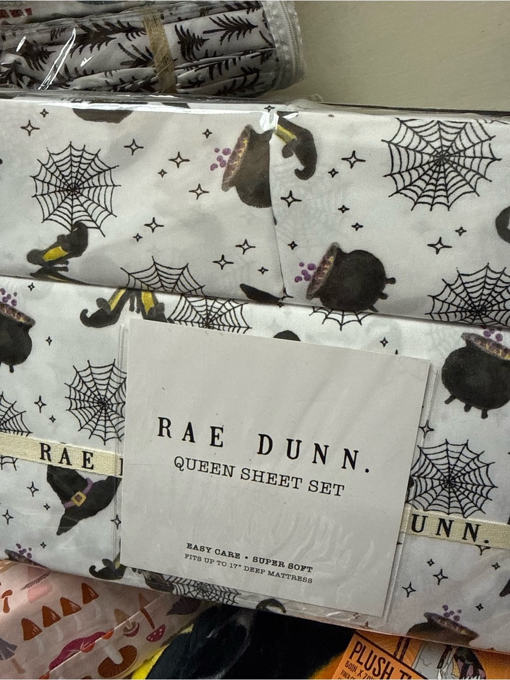 Rae Dunn White Sheet Set with Black Cauldrons & Web Motifs